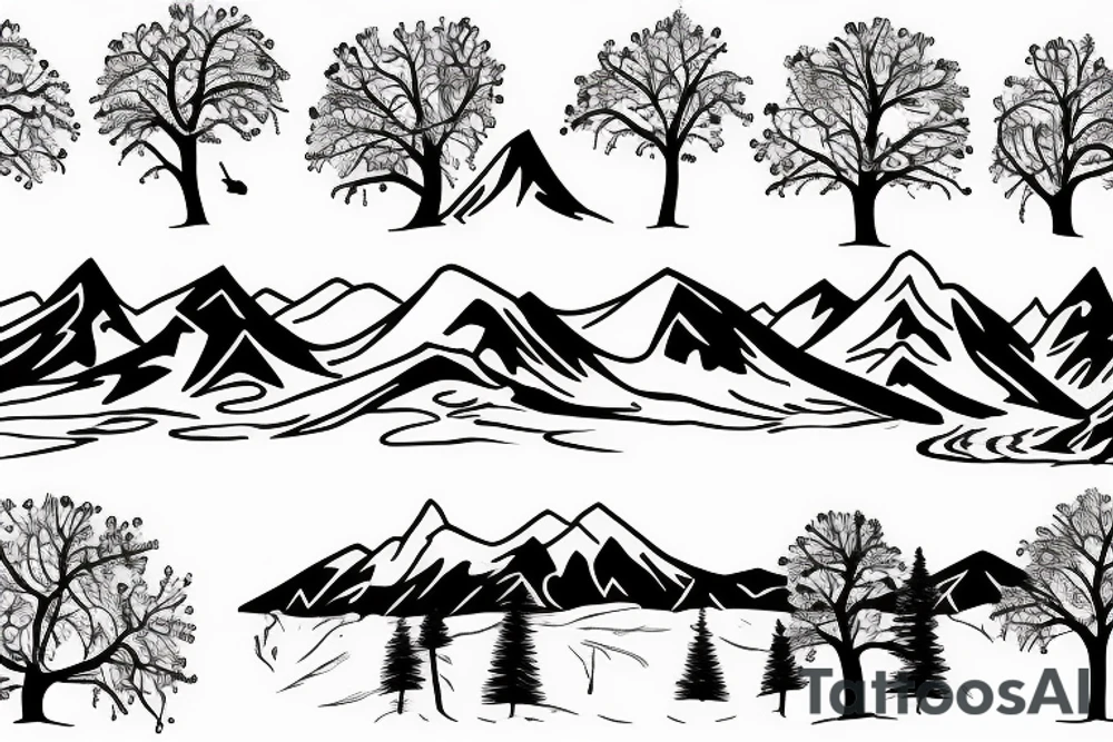 Mountain and tree scene in winter and ducking with son in the front tattoo idea