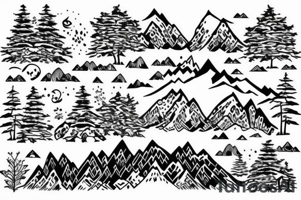 Mountain and tree scene in winter and ducking with son in the front tattoo idea