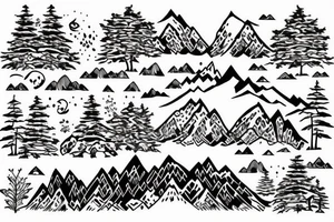 Mountain and tree scene in winter and ducking with son in the front tattoo idea
