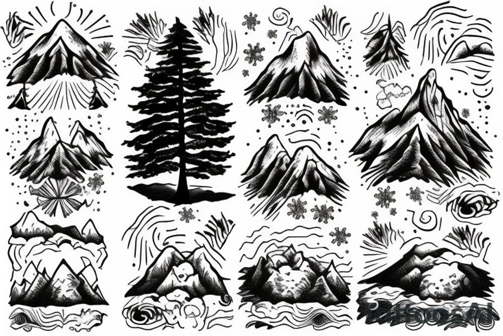 Mountain and tree scene in winter and ducking with son in the front tattoo idea