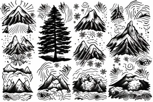 Mountain and tree scene in winter and ducking with son in the front tattoo idea