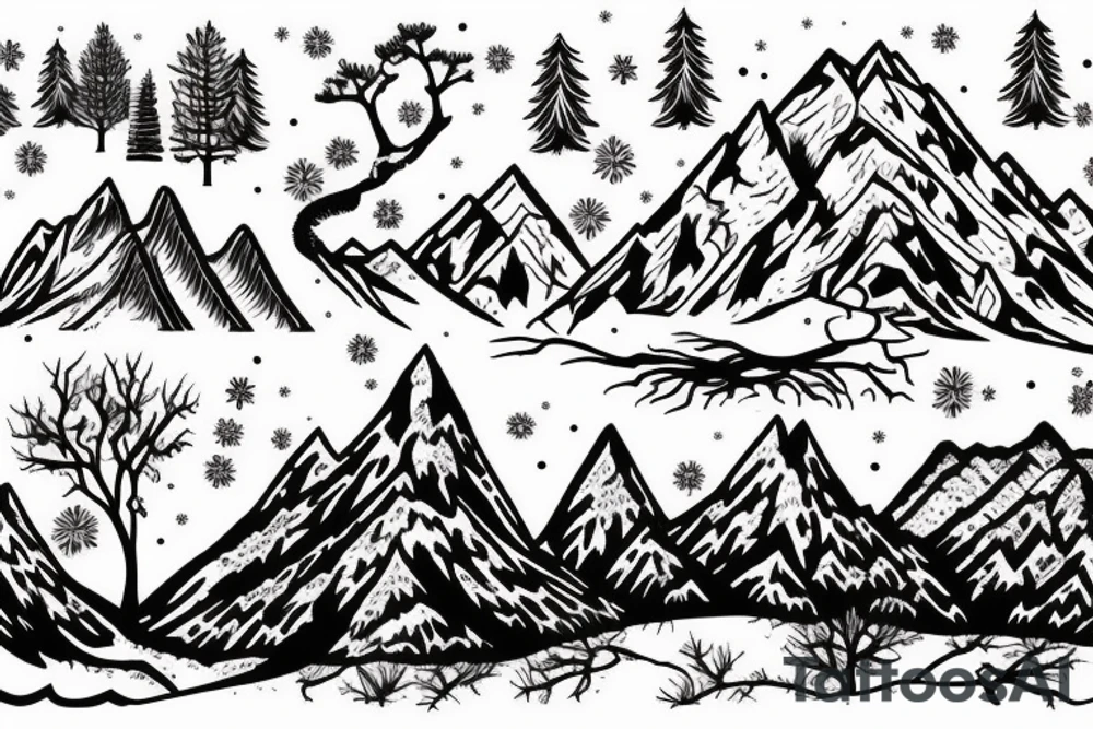 Mountain and tree scene in winter and ducking hunting tattoo idea