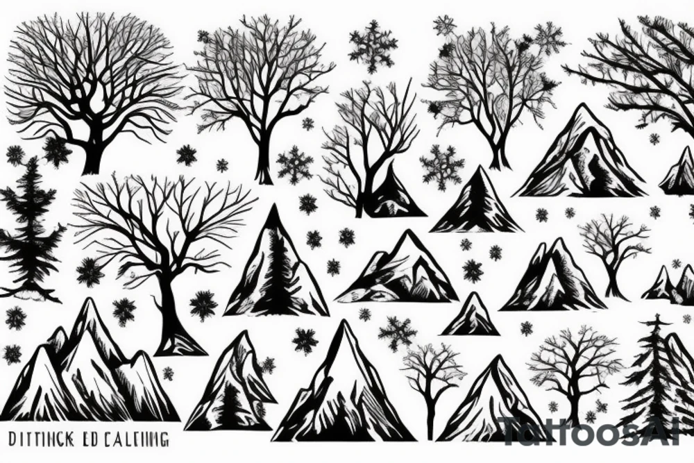 Mountain and tree scene in winter and ducking hunting tattoo idea