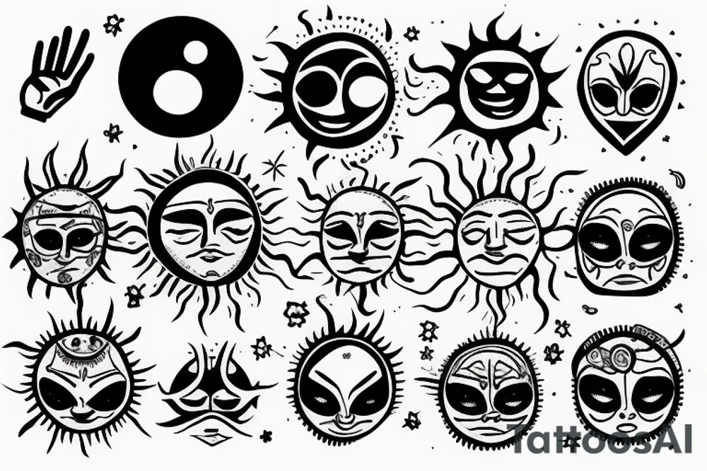 Hand holding the sun with a face tattoo idea