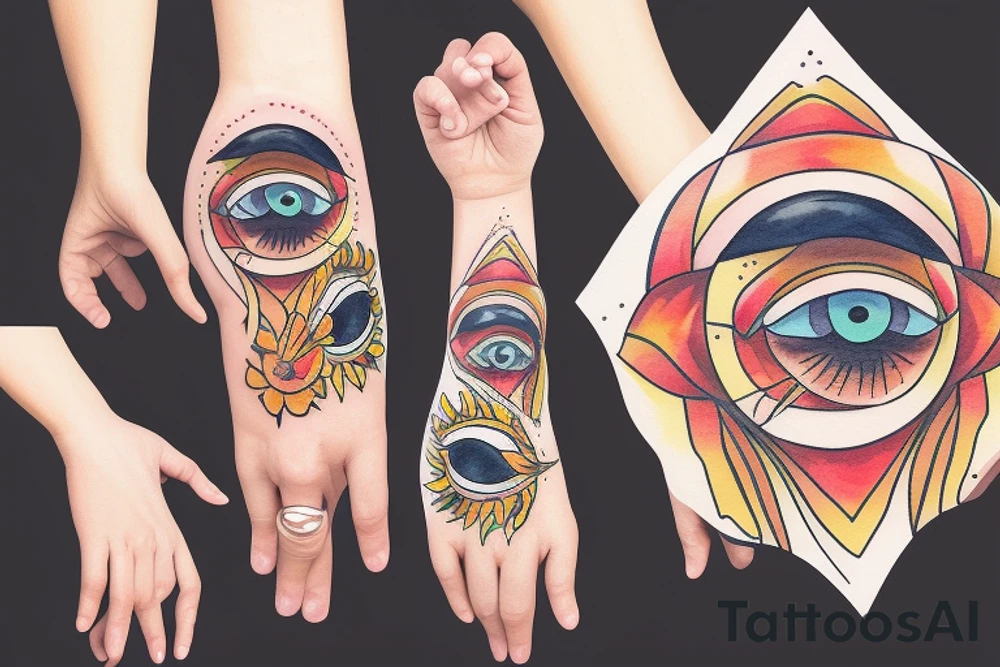 A Hand holding the sun with a face tattoo idea