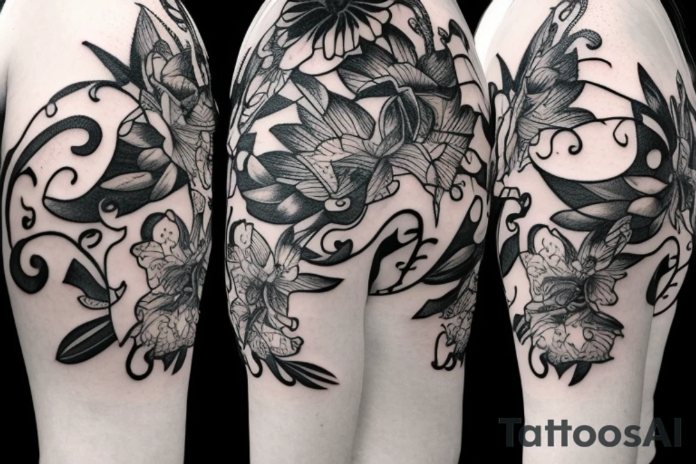 Lunar Moth sitting on Orchid, Music Notes, Filipino Sun, Dove tattoo idea