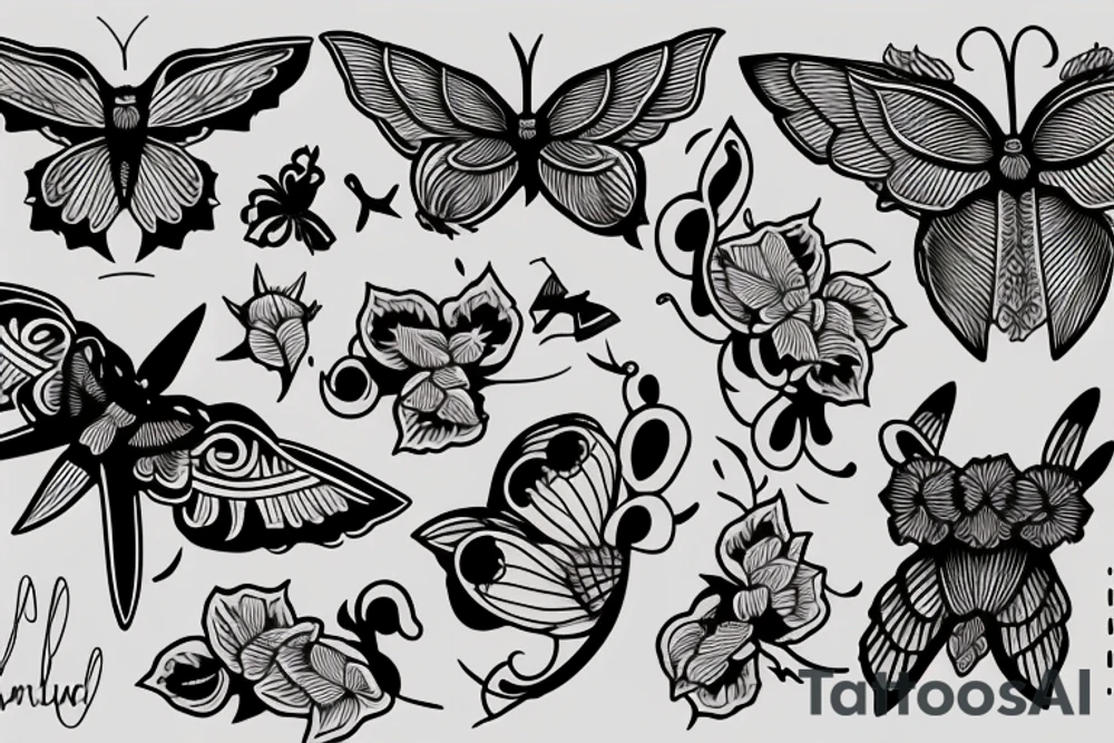 Lunar Moth sitting on Orchid, Music Notes, Filipino Sun, Dove tattoo idea