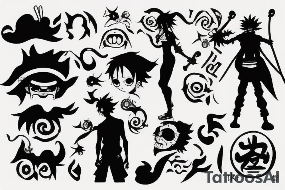 luffy nika mode silhouette, with the clouds of the body, create the word "NIKA" in a tribal format tattoo idea
