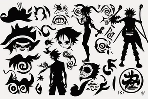 luffy nika mode silhouette, with the clouds of the body, create the word "NIKA" in a tribal format tattoo idea