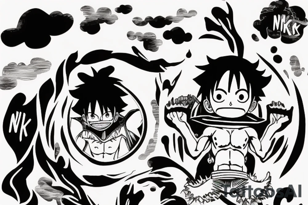 luffy nika mode silhouette, with the clouds of the body, create the word "NIKA" in a tribal format tattoo idea
