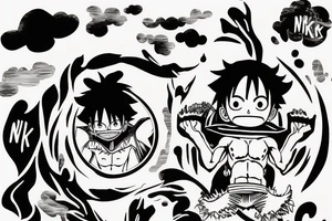 luffy nika mode silhouette, with the clouds of the body, create the word "NIKA" in a tribal format tattoo idea