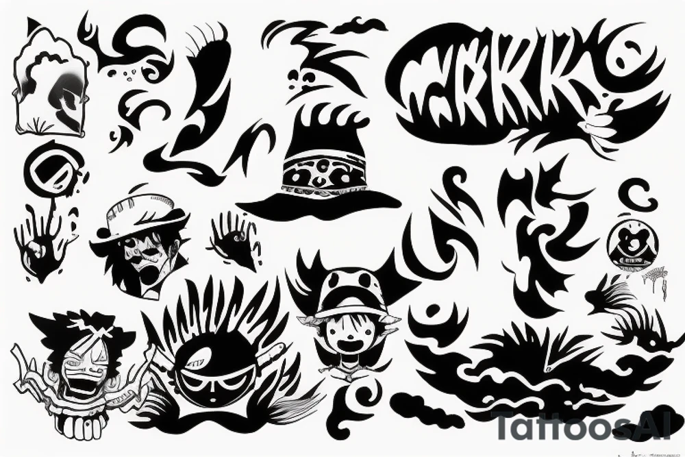 luffy nika mode silhouette, with the clouds of the body, create the word "NIKA" in a tribal format tattoo idea