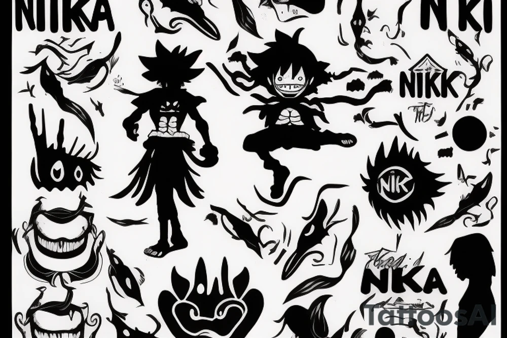 luffy nika mode silhouette, with the clouds of the body, create the word "NIKA" in a tribal format tattoo idea