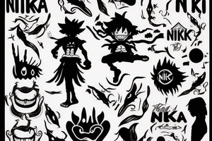 luffy nika mode silhouette, with the clouds of the body, create the word "NIKA" in a tribal format tattoo idea