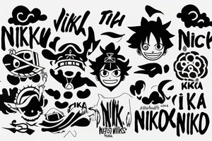 luffy nika mode silhouette, with the clouds of the body, create the word "NIKA" in a tribal format tattoo idea