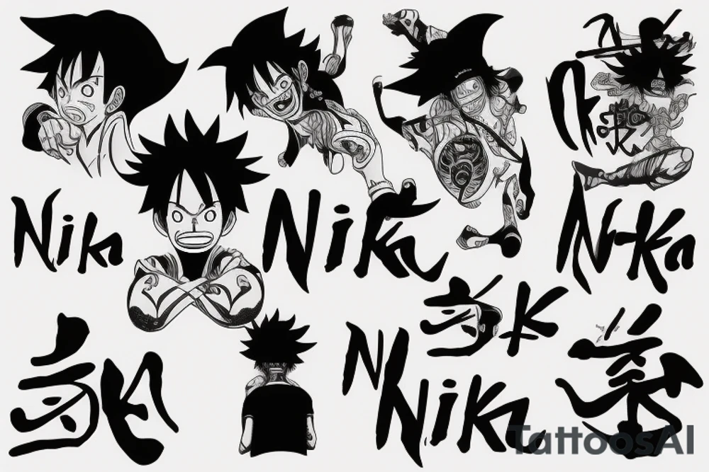 luffy nika mode silhouette, with the clouds of the body, create the word "NIKA" in a tribal format tattoo idea