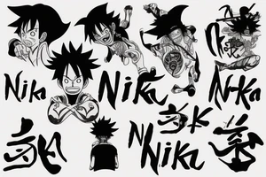luffy nika mode silhouette, with the clouds of the body, create the word "NIKA" in a tribal format tattoo idea