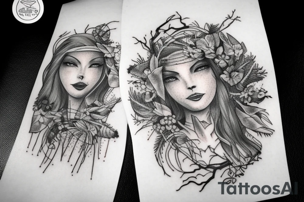 witch, forest, pine tree tattoo idea