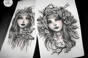 witch, forest, pine tree tattoo idea