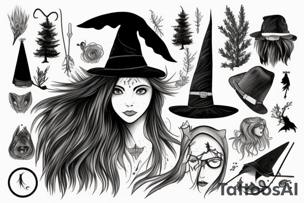 witch, forest, spruce, hat, long hair tattoo idea