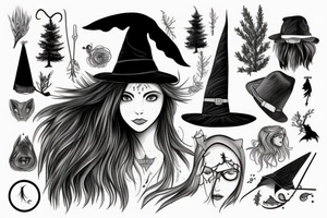 witch, forest, spruce, hat, long hair tattoo idea