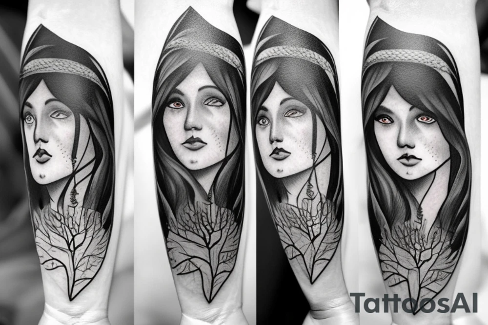 witch, forest, spruce, hat, long hair tattoo idea