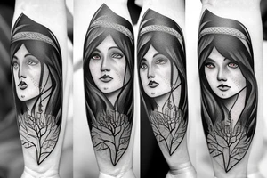 witch, forest, spruce, hat, long hair tattoo idea