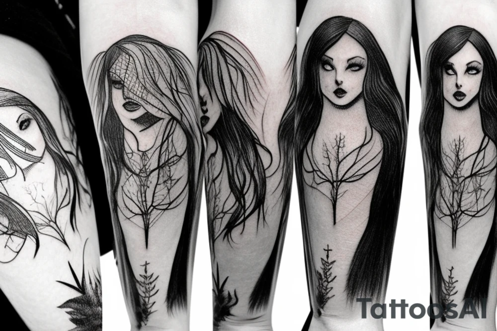 witch, forest, spruce, hat, long hair tattoo idea