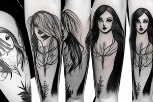 witch, forest, spruce, hat, long hair tattoo idea