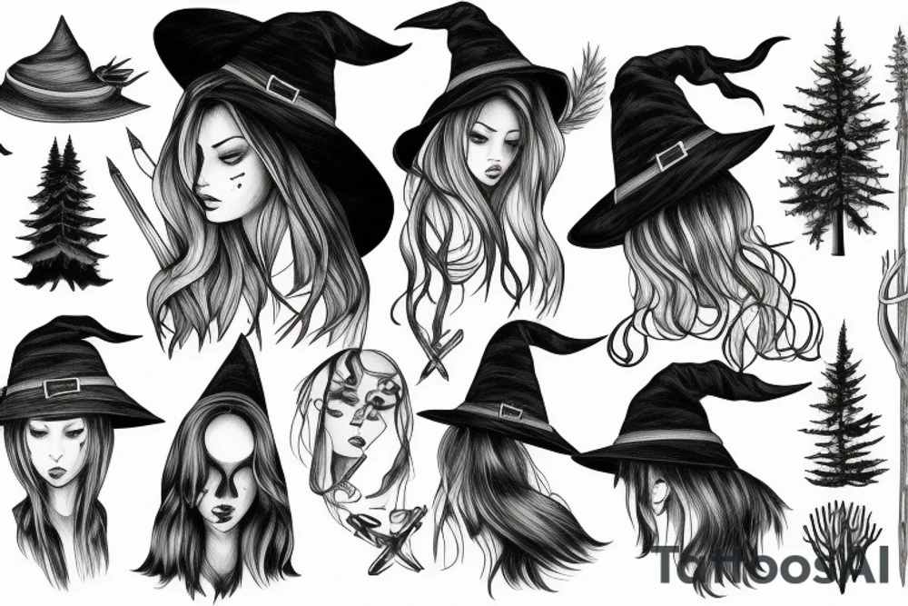 witch, forest, spruce, hat, long hair tattoo idea