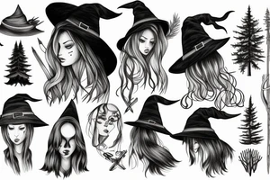 witch, forest, spruce, hat, long hair tattoo idea