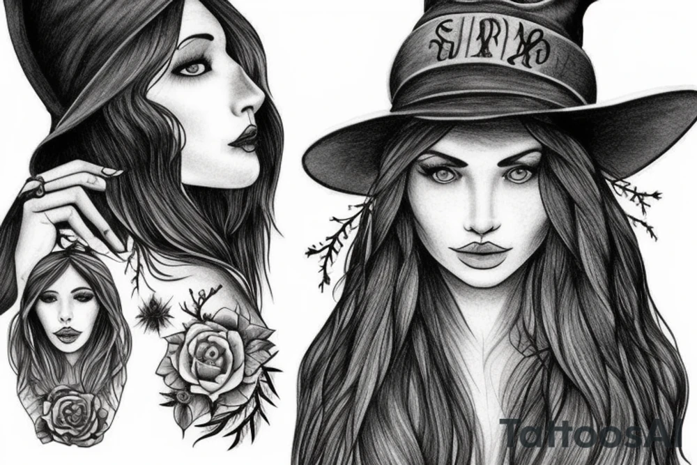 witch, forest, spruce tree hat, long hair tattoo idea