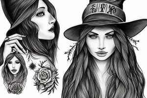 witch, forest, spruce tree hat, long hair tattoo idea