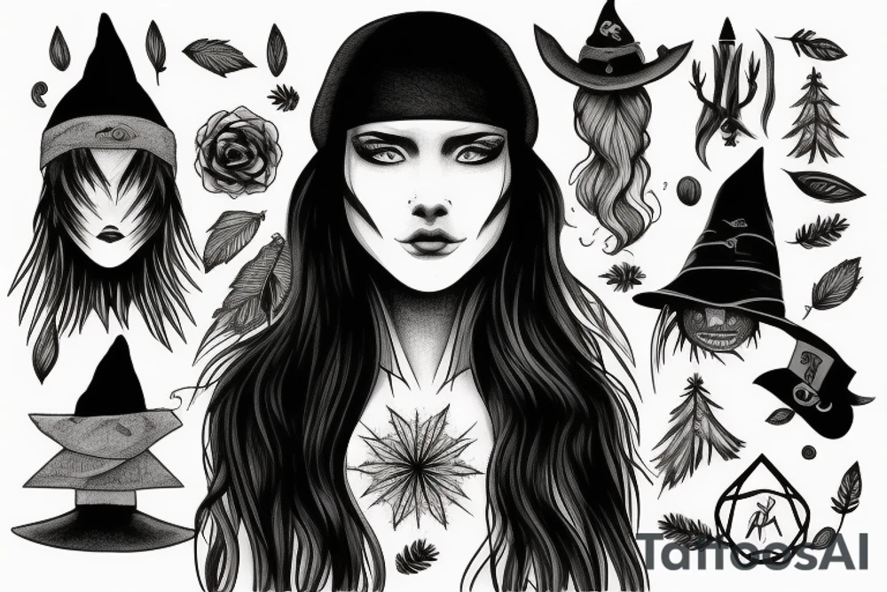 witch, forest, spruce tree hat, long hair tattoo idea