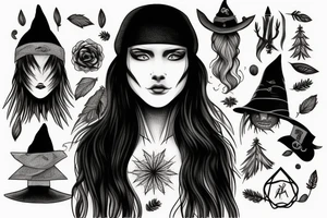 witch, forest, spruce tree hat, long hair tattoo idea