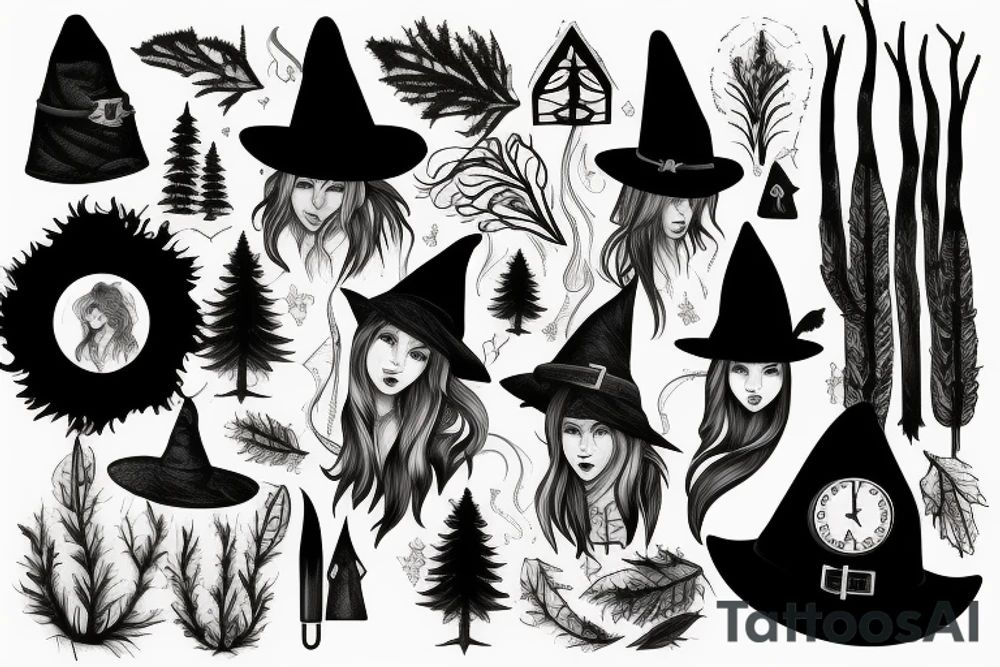 witch, forest, spruce tree hat, long hair tattoo idea