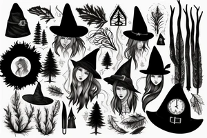 witch, forest, spruce tree hat, long hair tattoo idea