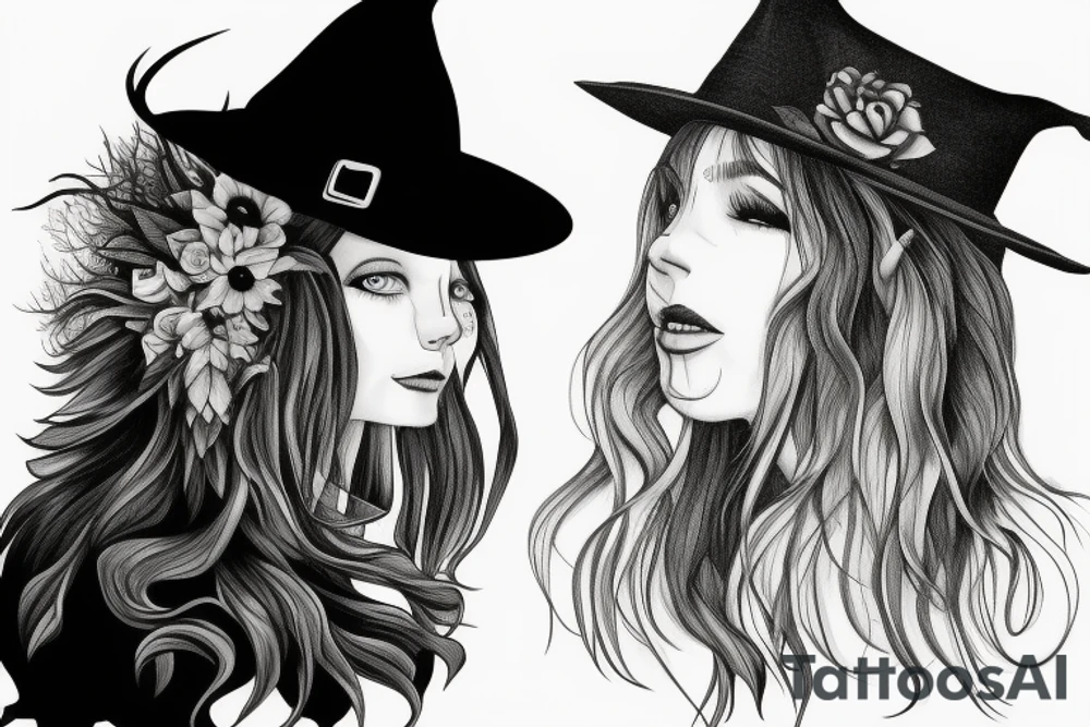 witch, forest, spruce tree hat, long hair tattoo idea