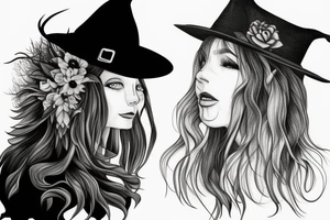 witch, forest, spruce tree hat, long hair tattoo idea
