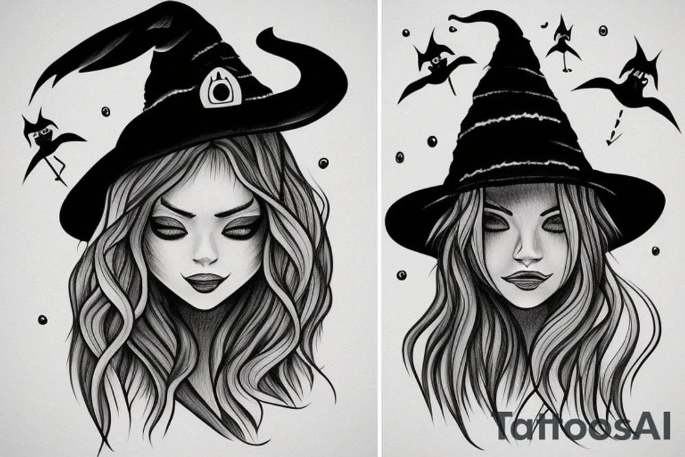 witch, forest, spruce tree hat, long hair tattoo idea