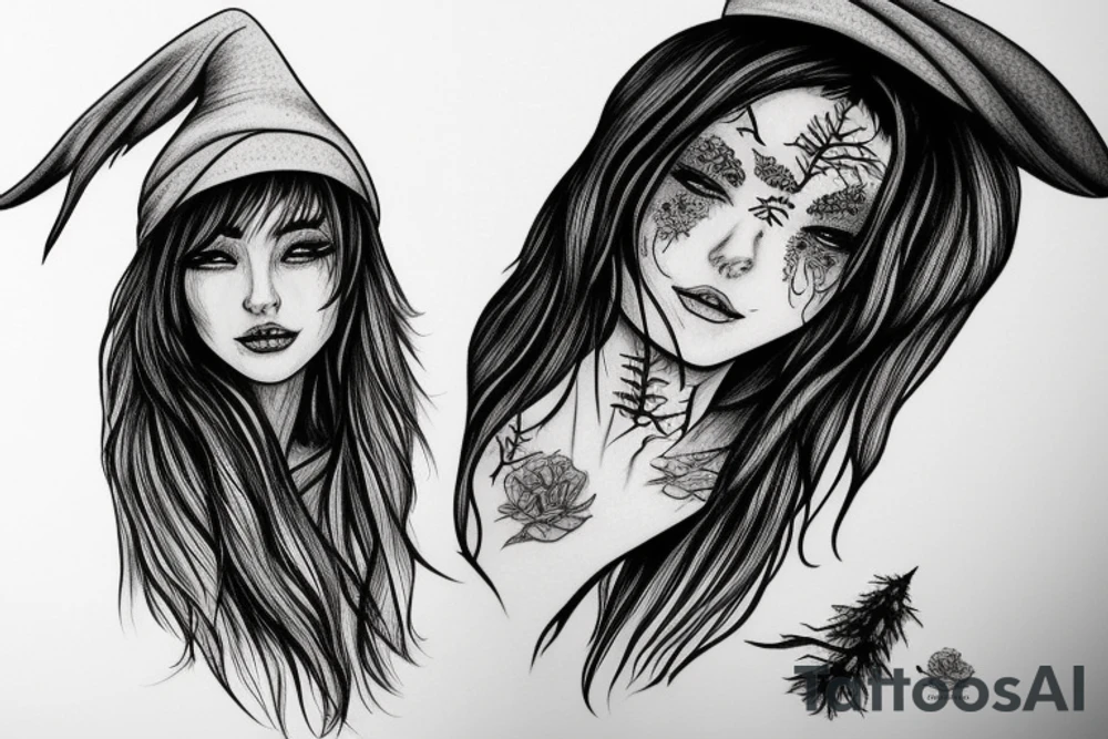 witch, forest, spruce tree hat, long hair tattoo idea
