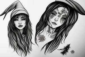 witch, forest, spruce tree hat, long hair tattoo idea