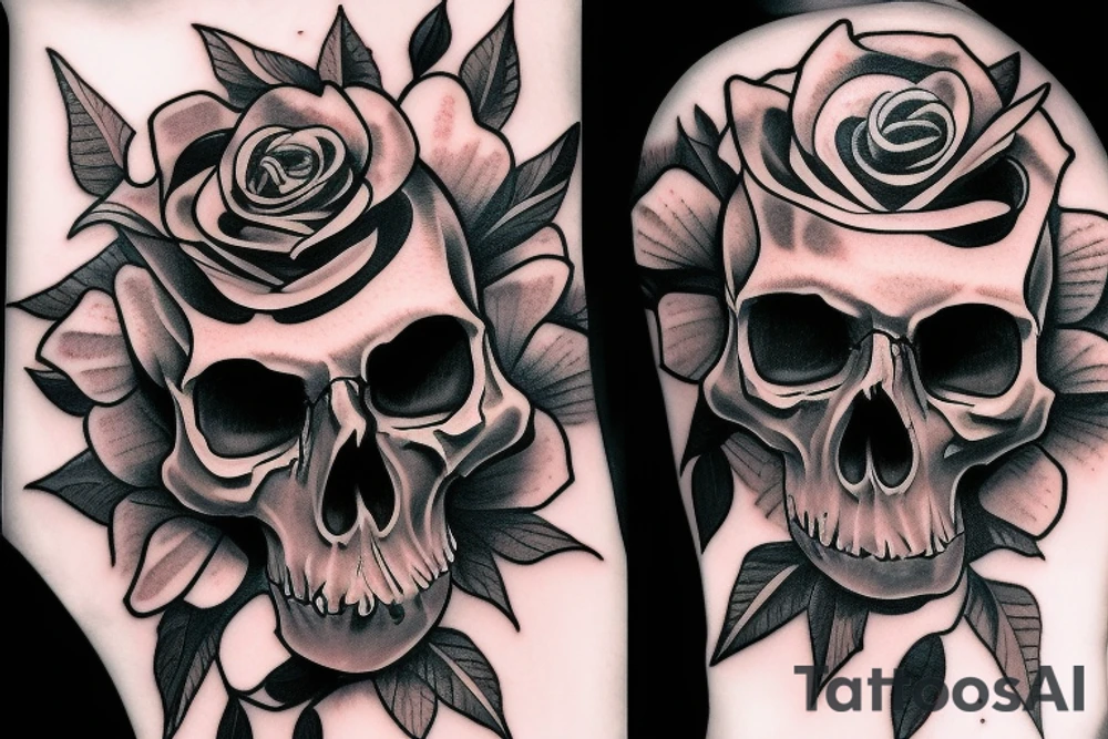 skull, rose. skeleton tattoo idea