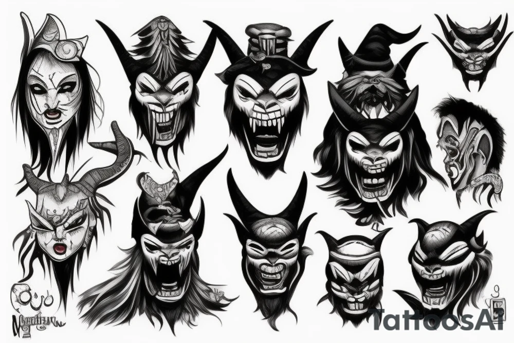 oni mask, witch, demon tattoo idea