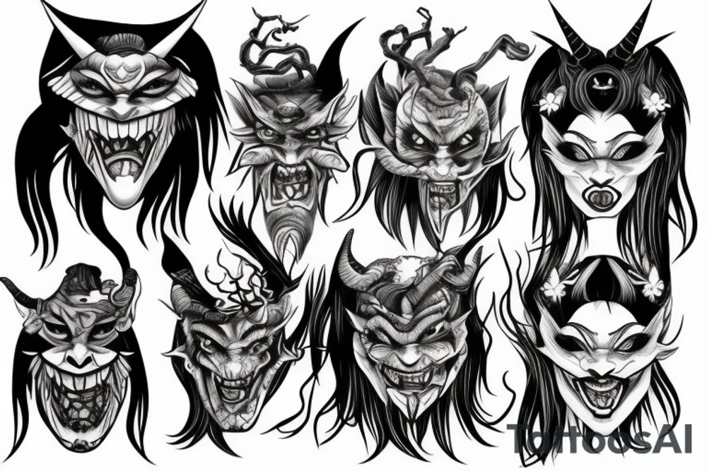 oni mask, witch, demon tattoo idea