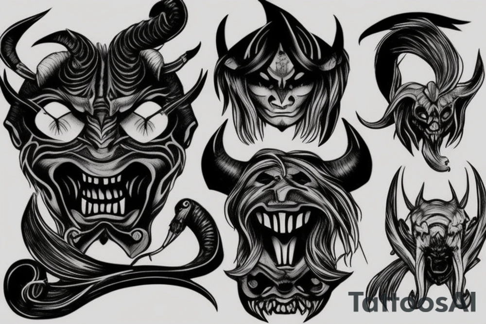 oni mask, witch, demon, scythe tattoo idea