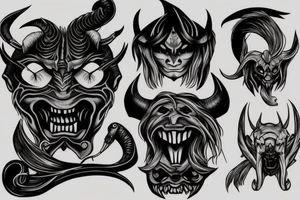 oni mask, witch, demon, scythe tattoo idea