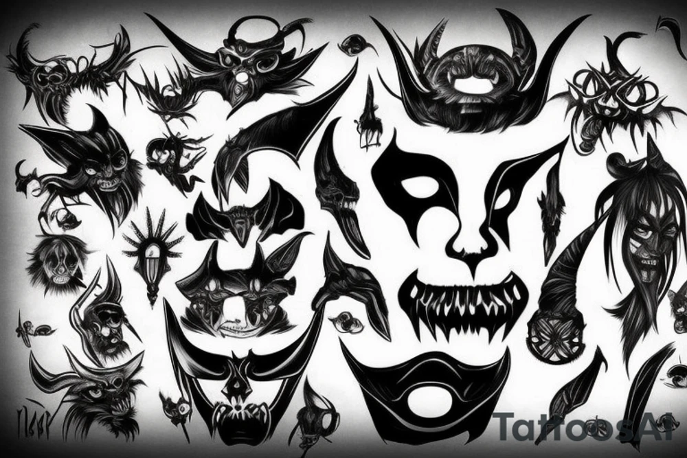 oni mask, witch, demon, scythe tattoo idea