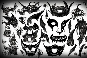 oni mask, witch, demon, scythe tattoo idea
