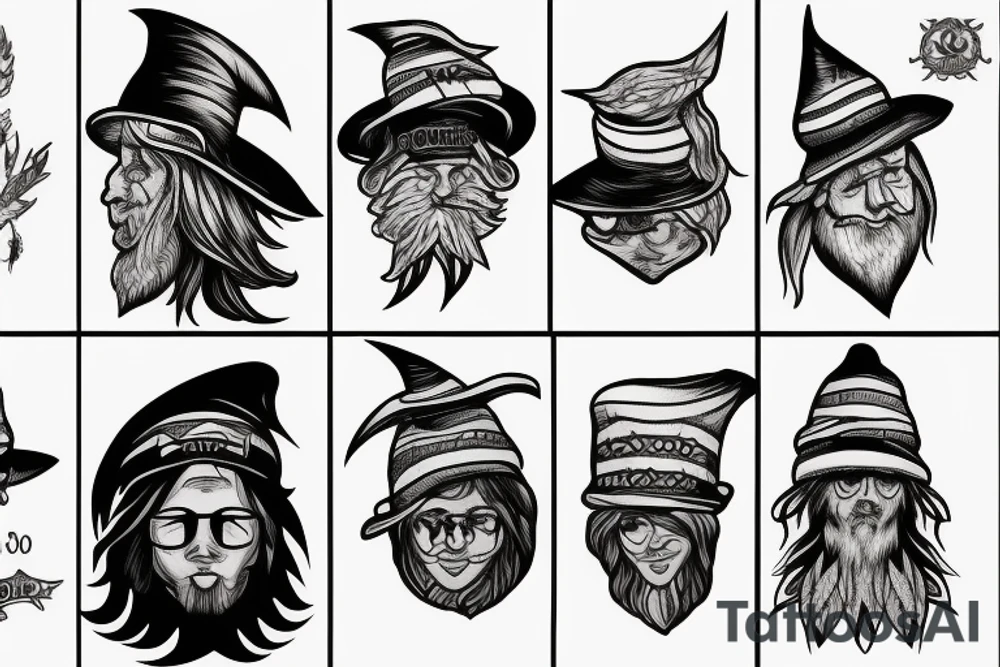 wizard, spruce tree hat tattoo idea